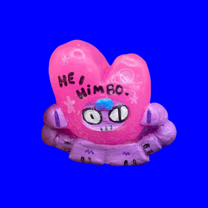 Pink cartoon he/himbo character with text on a blue background
