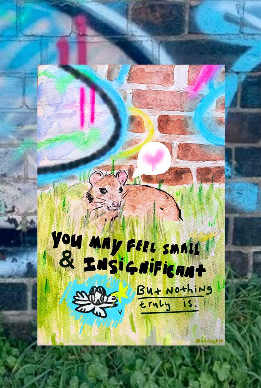 Cartoon rat on a grassy patch with text and colorful background